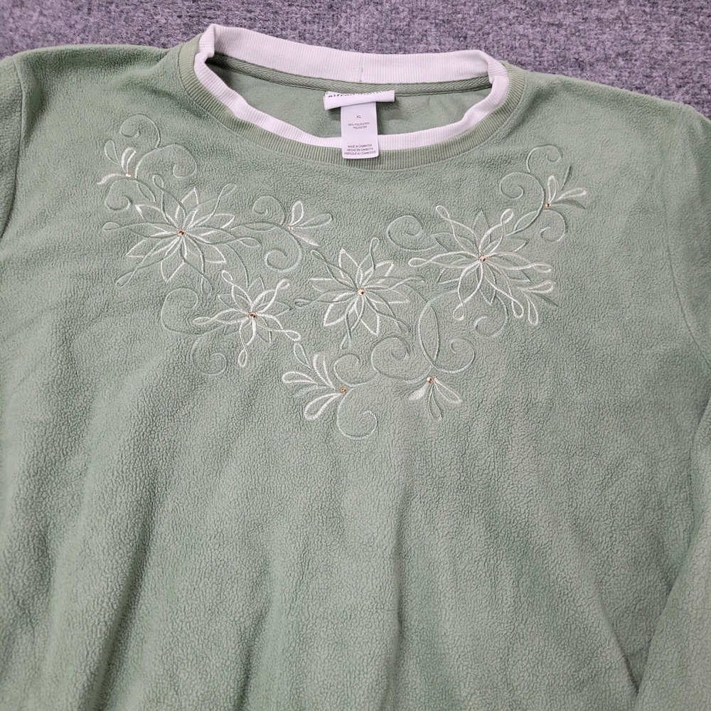 Alfred Dunner Sweatshirt Womens XL Green Fleece Floral Embroidered Rhinestone